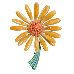 Large Enamel Orange Flower Brooch Pin By Original By Robert 2 3/4" Flower Power
